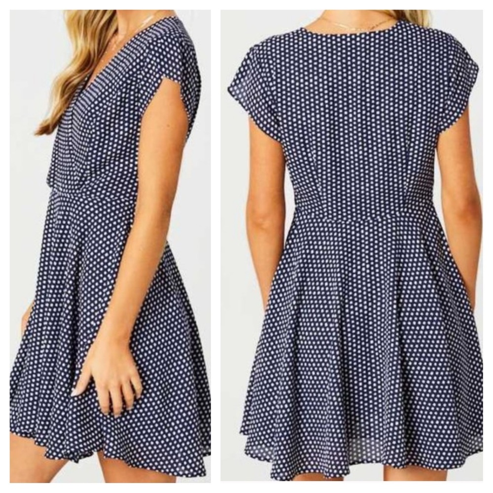 Altar’d State Navy Blue Polka Dot Sweetheart Flare Dress - Picture 2 of 11